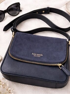 Kate Spade New York Crossbody Bag Navy Suede Leather Flap Zip Purse Gold Hardwa
